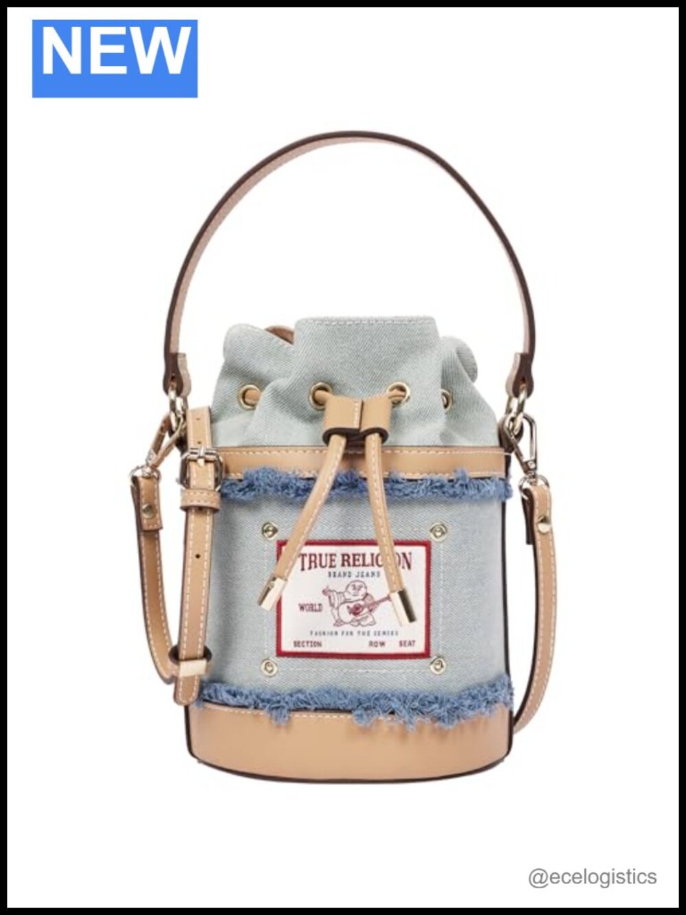 Women's Frayed Denim Bucket Bag with Crossbody Strap Drawstring Closure